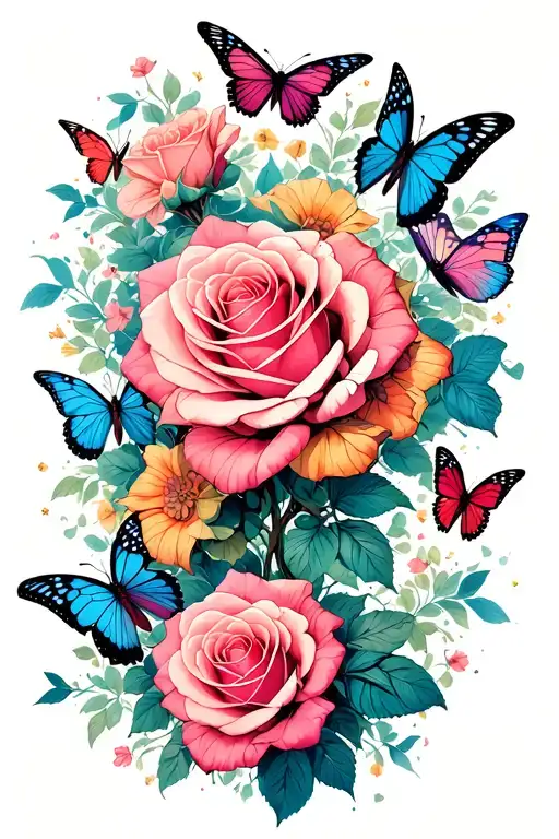 roses and butterflies exploding tattoo design idea