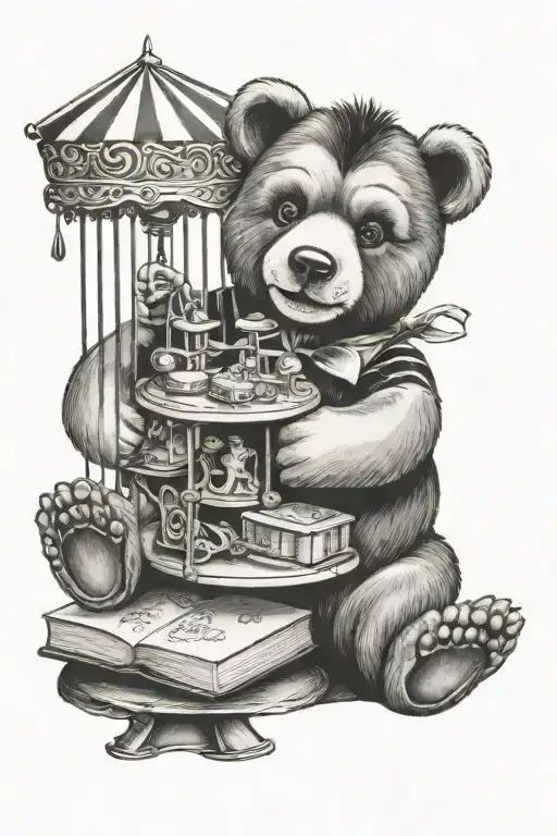 teddy bear carousel, books, Elvis Presley, Jerry lewis tattoo design idea
