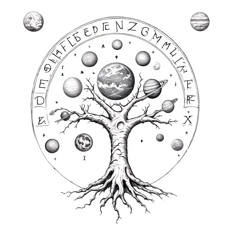 Tree of life comprising the letters the solar system tattoo design idea