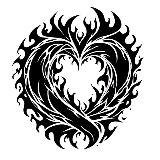 Highly detailed tattoo-style design featuring two intertwined elemental forces—fire and ice—forming a circular or heart tattoo design idea
