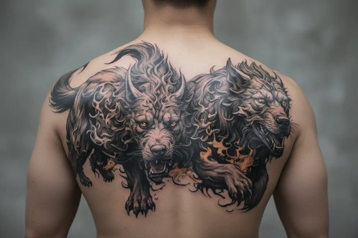 Cerberus on fire tattoo design idea