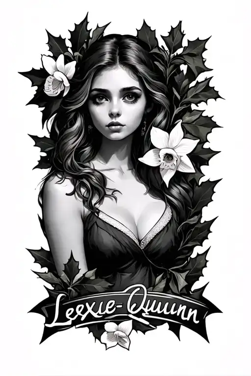narcissus and holly with the name Lexie-Quinn in between tattoo design idea