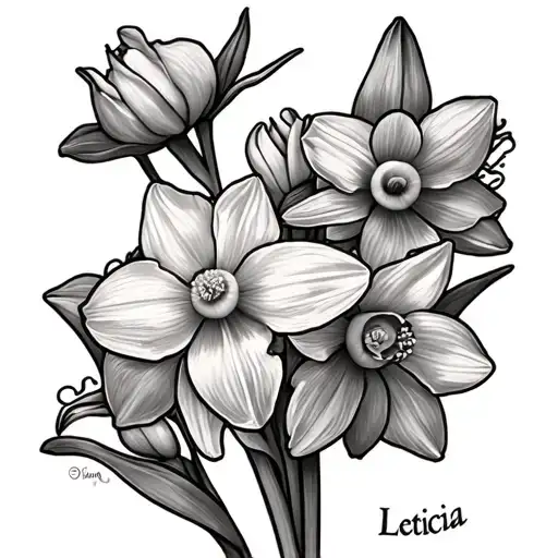Name "Leticia" on top of daffodils tattoo design idea