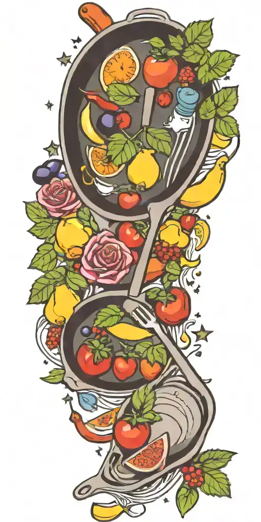 cooking utensils frying pan fruits vegetables steak roses stars tattoo design idea