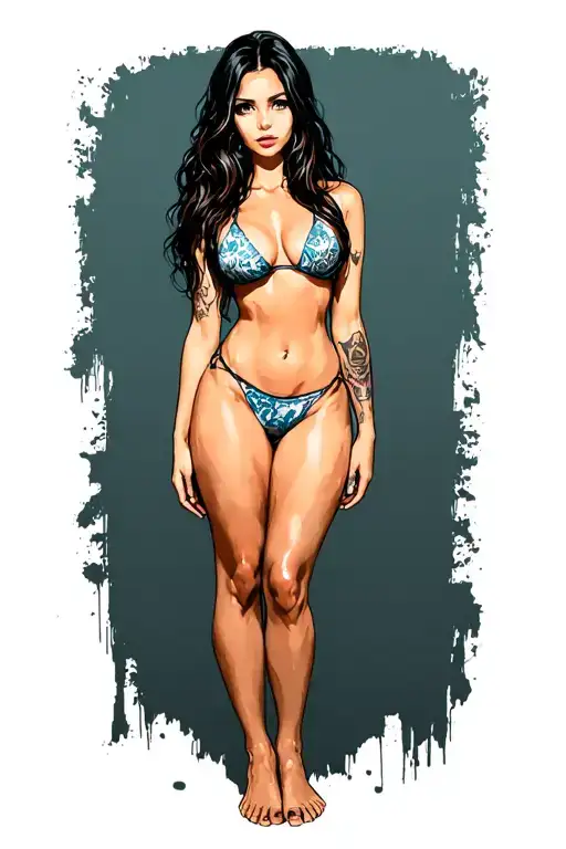 Sexy girl, petite, small boobs, wide hips, bikini . long hair,sexual. Seductive. Full Body, standing with legs and feet tattoo design idea
