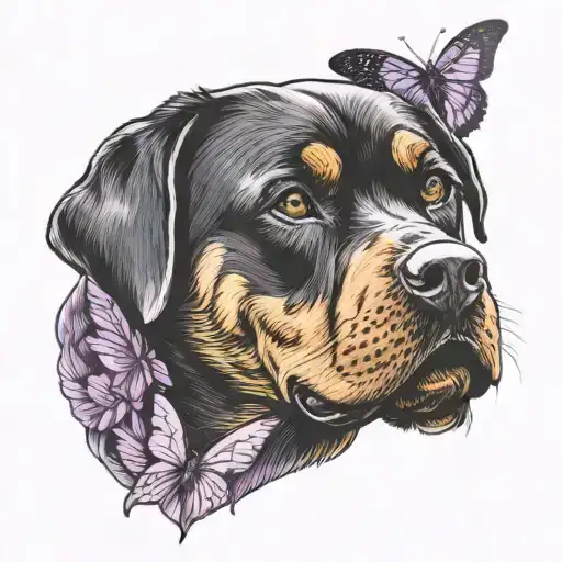 Rottweiler dog , purple butterfly resting tattoo design idea