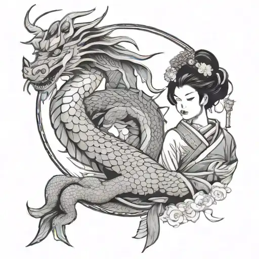 Geisha and Dragon tattoo design idea