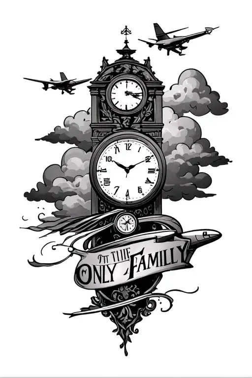 Otf (only the family) text tattoo clock clouds and some air lines and a plane tattoo design idea