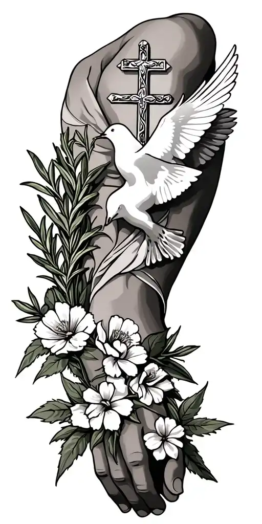 catholic religion symbols Christ, rosemary wrapped around arm, flowers, doves tattoo design idea