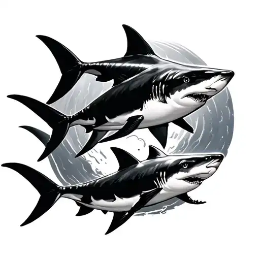 4 sharks and shadows swimming on tricep and shoulder tattoo design idea