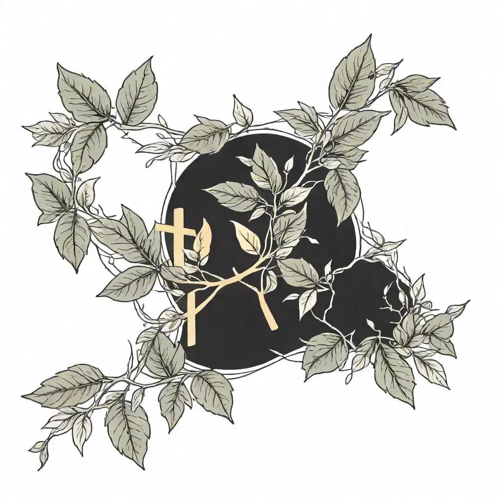 "Create a minimalist tattoo design placed on the upper chest near the collarbones. The tattoo consists of two symmetrical olive branch motifs, one on each side, with simple, clean black ink lines. The leaves are sleek and elegant, arranged naturally along thin branches, framing the collarbones. The design complements delicate layered gold necklaces with cross pendants, creating a soft and graceful aesthetic. The tattoo is subtle and emphasizes balance and symmetry, blending harmoniously with the overall feminine and refined style." tattoo design idea