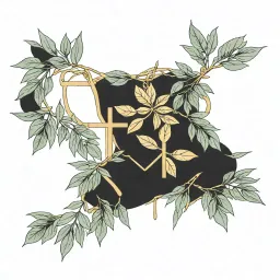 "Create a minimalist tattoo design placed on the upper chest near the collarbones. The tattoo consists of two symmetrical olive branch motifs, one on each side, with simple, clean black ink lines. The leaves are sleek and elegant, arranged naturally along thin branches, framing the collarbones. The design complements delicate layered gold necklaces with cross pendants, creating a soft and graceful aesthetic. The tattoo is subtle and emphasizes balance and symmetry, blending harmoniously with the overall feminine and refined style." tattoo design idea