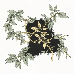 "Create a minimalist tattoo design placed on the upper chest near the collarbones. The tattoo consists of two symmetrical olive branch motifs, one on each side, with simple, clean black ink lines. The leaves are sleek and elegant, arranged naturally along thin branches, framing the collarbones. The design complements delicate layered gold necklaces with cross pendants, creating a soft and graceful aesthetic. The tattoo is subtle and emphasizes balance and symmetry, blending harmoniously with the overall feminine and refined style." tattoo design idea