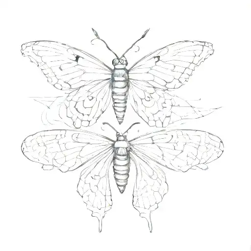 Create a hybrid insect where one half of its body resembles a moth, and the other half a butterfly. The moth side should tattoo design idea