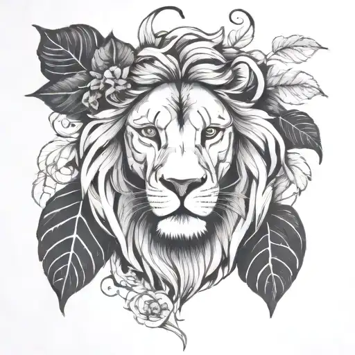 Lion Head with Vine leaves intertwined tattoo design idea