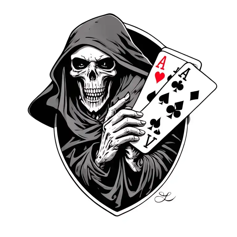 grim reaper 4 Aces in the Right Hand Baby hold at the neck in the laft Hand  tattoo design idea