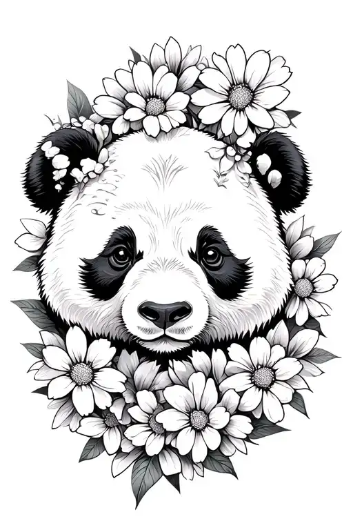 panda whos face is morphed into flowers growing tattoo design idea