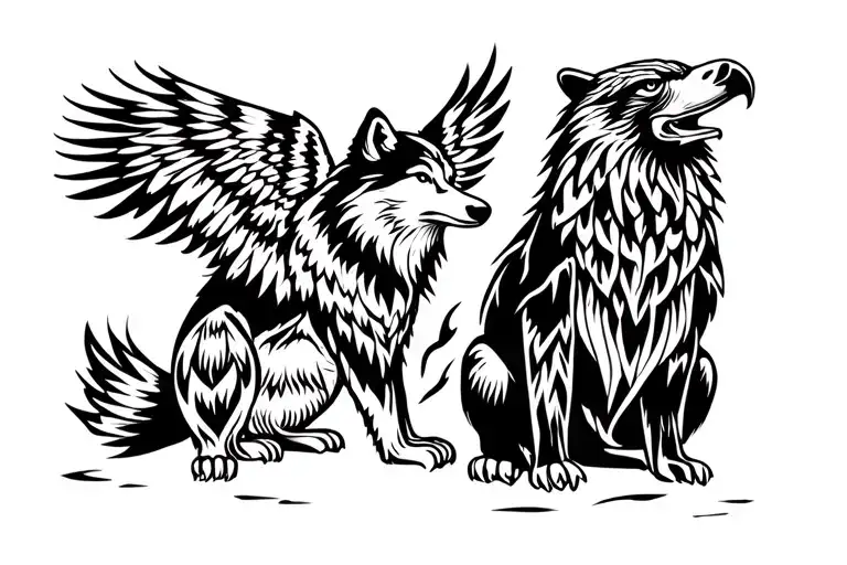wolf bear and eagle sitting tattoo design idea