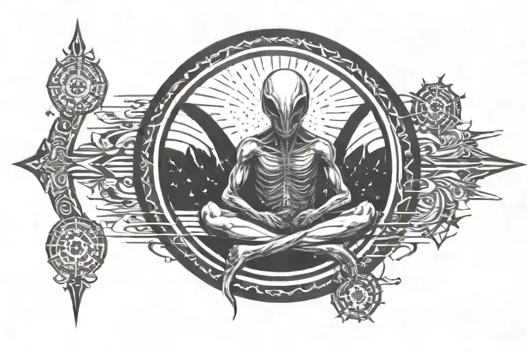 alien meditating on a lake of stars tattoo design idea