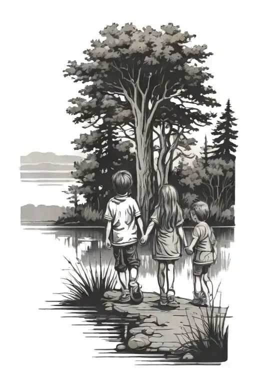 big sister little brother holding hands walking away outdoors lake trees tattoo design idea