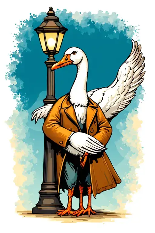 white goose in a trench coat leaning against a lamp post tattoo design idea