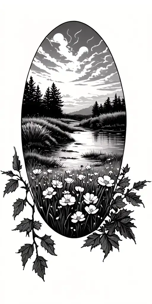 blackwork tattoo of serene prairie landscape with Hawthorne branch with flowers in foreground tattoo design idea