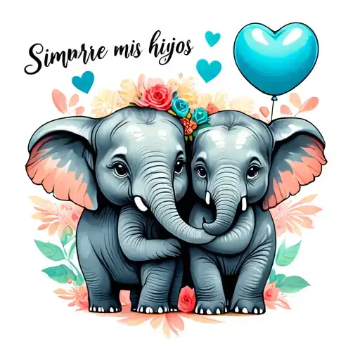 Mama and two baby elephant holding blue Ballon hearts and says Siempre mis hijos tattoo design idea