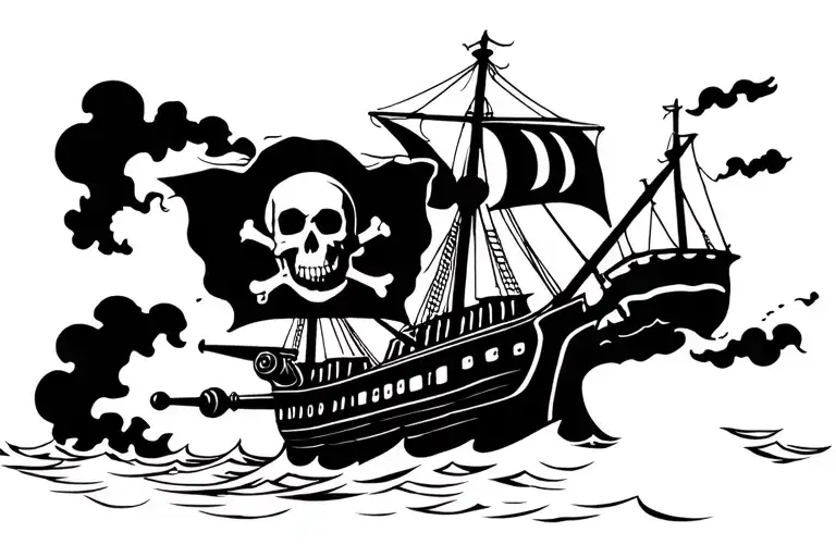 Pirate ship in the storm firing broadside cannons  with a ghostly skull and cross bones above tattoo design idea