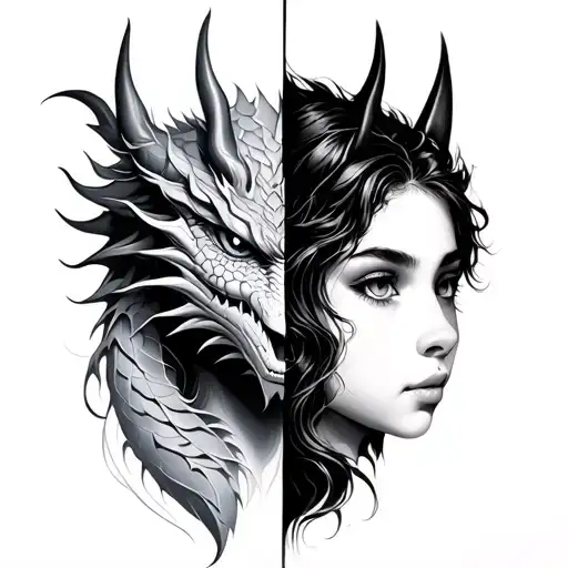 equally split tattoo of half girl face and half dragon face tattoo design idea