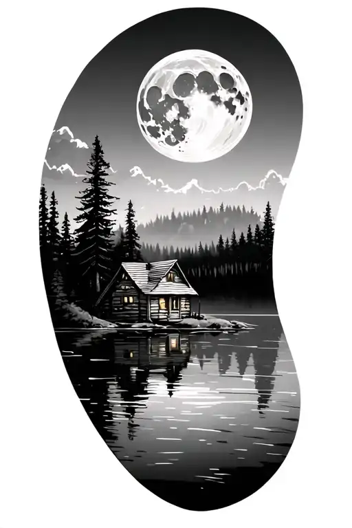 moon over Forest skyline, a frame cabin on lake tattoo design idea