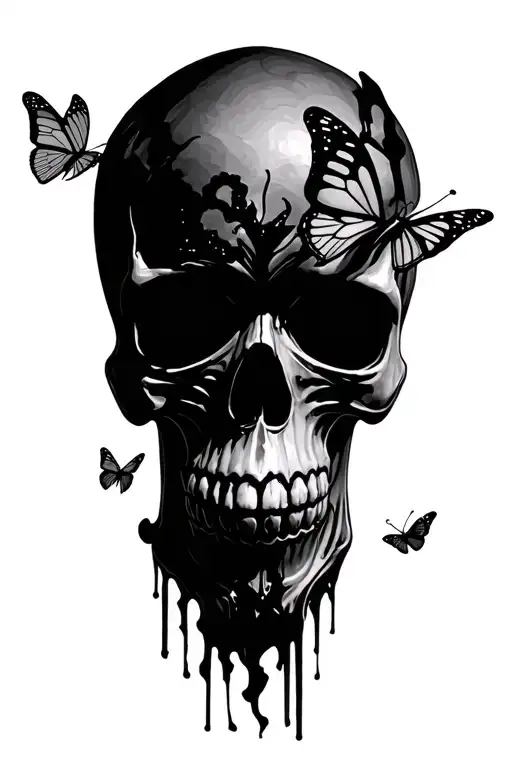 HORROR SKULL WITH MEDIUM SIZED BUTTERFLIES WITH SEATTLE SKYLINE IN THE BACK tattoo design idea