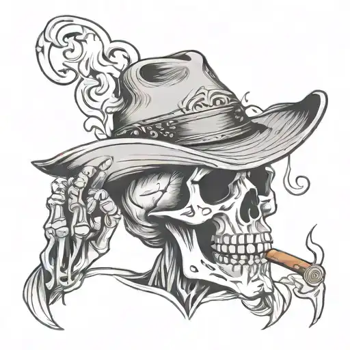 cowboy skull with a cigar smoking skeleton man tattoo design idea