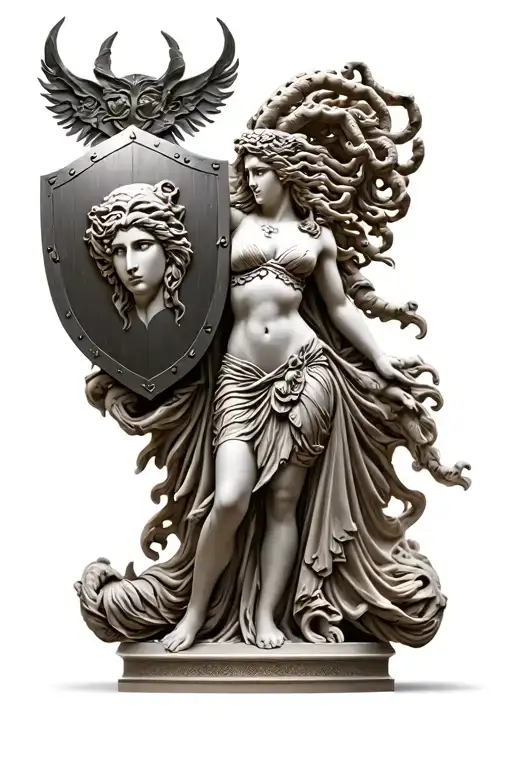 Athena warrior with Medusa shield, realistic sexy beautiful statue design for tattoo tattoo design idea