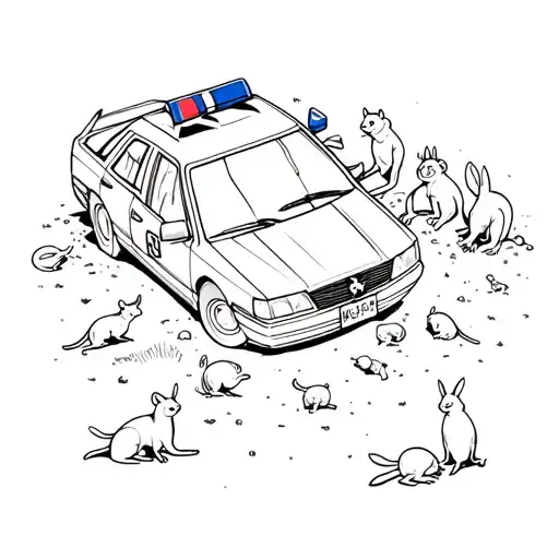 A minimalist tattoo of a crashed police car surrounded by rats, rabbits, and monkeys tattoo design idea