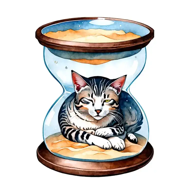 lynx like sleeping curled up cat inside the bottom section of a big hourglass, with all the sand at bottom of hourglass tattoo design idea