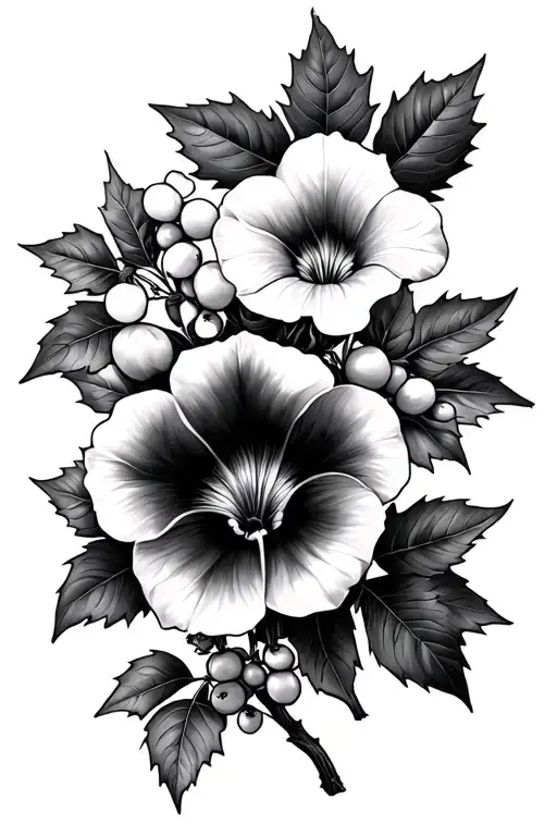 Holly Berry, morning glory, larkspur flowers intertwined tattoo design idea