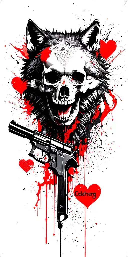 "Cederberg " skulls, wolf, gun, hearts tattoo design idea