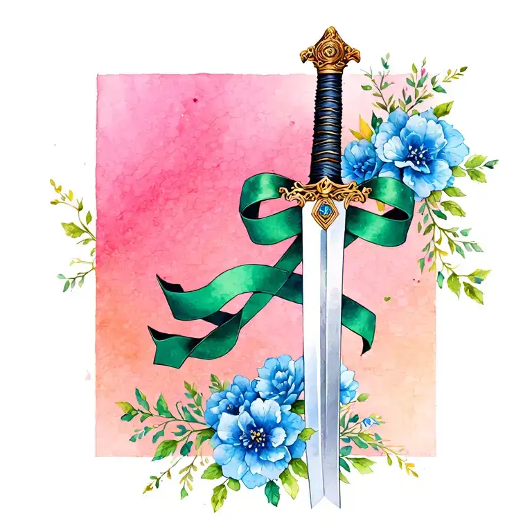 samuri sword with green ribbon surrounded by blue flowers tattoo design idea