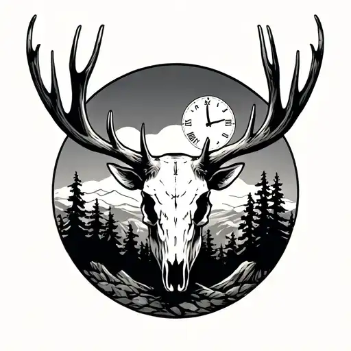 elk skull, pine trees, sunset, clock tattoo design idea