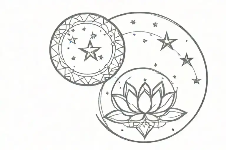 outline, geometric, cresent moon, love, shooting stars, mandala, hanging, lotus, moons, outline,  multiple moons tattoo design idea