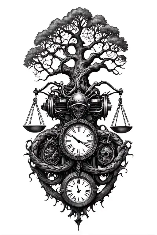 gothic tree of life intertwined with v-twin motor, libra scales and a clock tattoo design idea