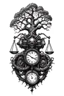 gothic tree of life intertwined with v-twin motor, libra scales and a clock tattoo design idea