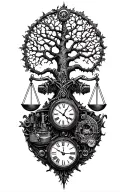 gothic tree of life intertwined with v-twin motor, libra scales and a clock tattoo design idea