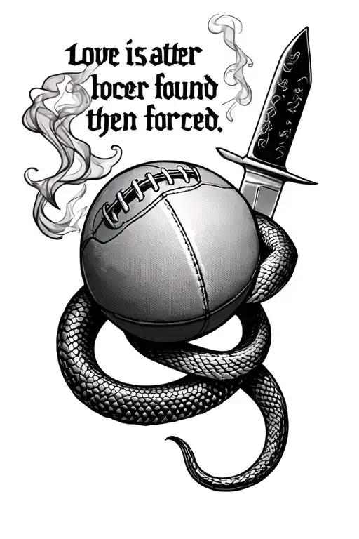 football, the words "love is greater found then forced", knife, smoke, a snake wrapping the tattoo together  tattoo design idea
