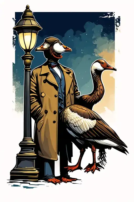 goose in a trench coat leaning against a lamp post tattoo design idea