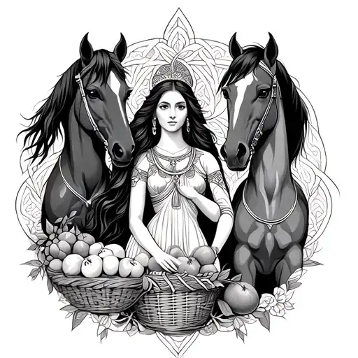 Celtic Goddess, Epona. surrounded by Horses and with a basket of fruit tattoo design idea