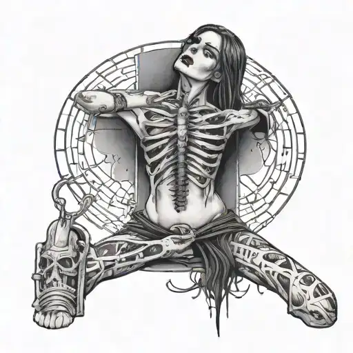 crucified goth girl with no legs, intestines hanging out and ribs poking out tattoo design idea
