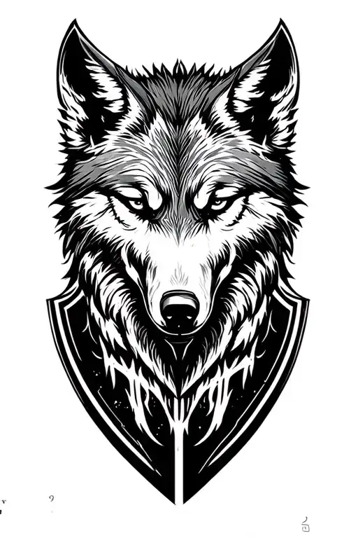 wolf face mantle on shield adorned tattoo design idea