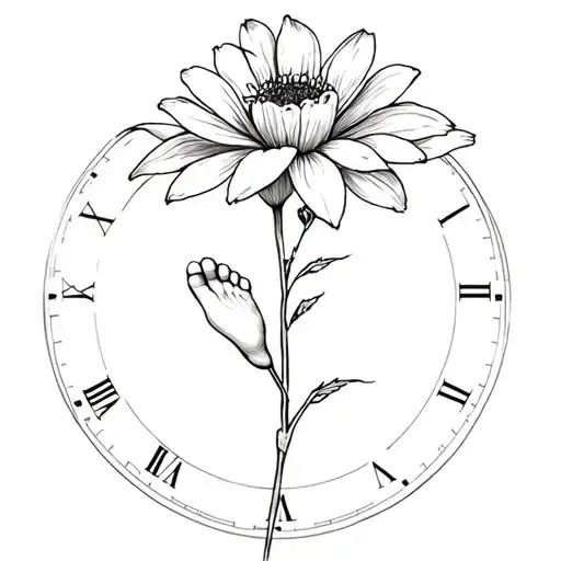 cataleya flower, religion , time piece and baby foot or hand tattoo design idea