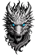 firefighter, fire, face with blue eyes, dragon tattoo design idea